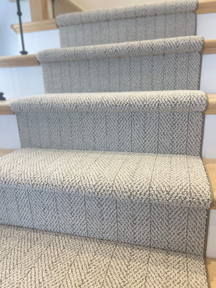 Rolled Amalfi Paradise Modern Herringbone Stair Runner showing bound edges and weave