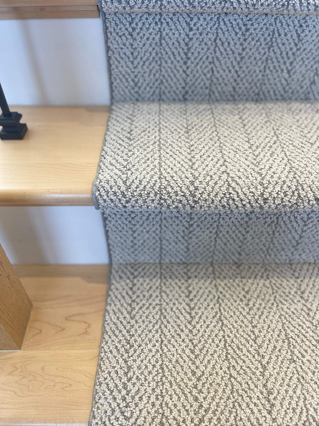 Amalfi Santa Marina herringbone stair runner Canada – elegant neutral carpet installed on staircase