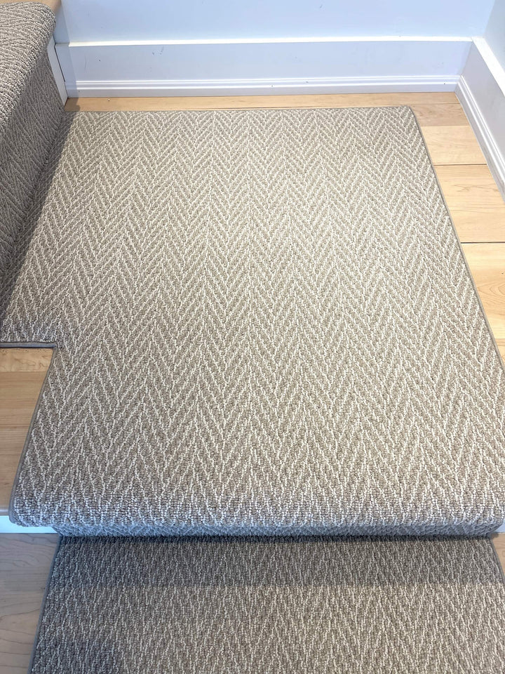 Full view of Anderson Tuftex Basket Stair Runner Landing Canada in warm beige herringbone tones