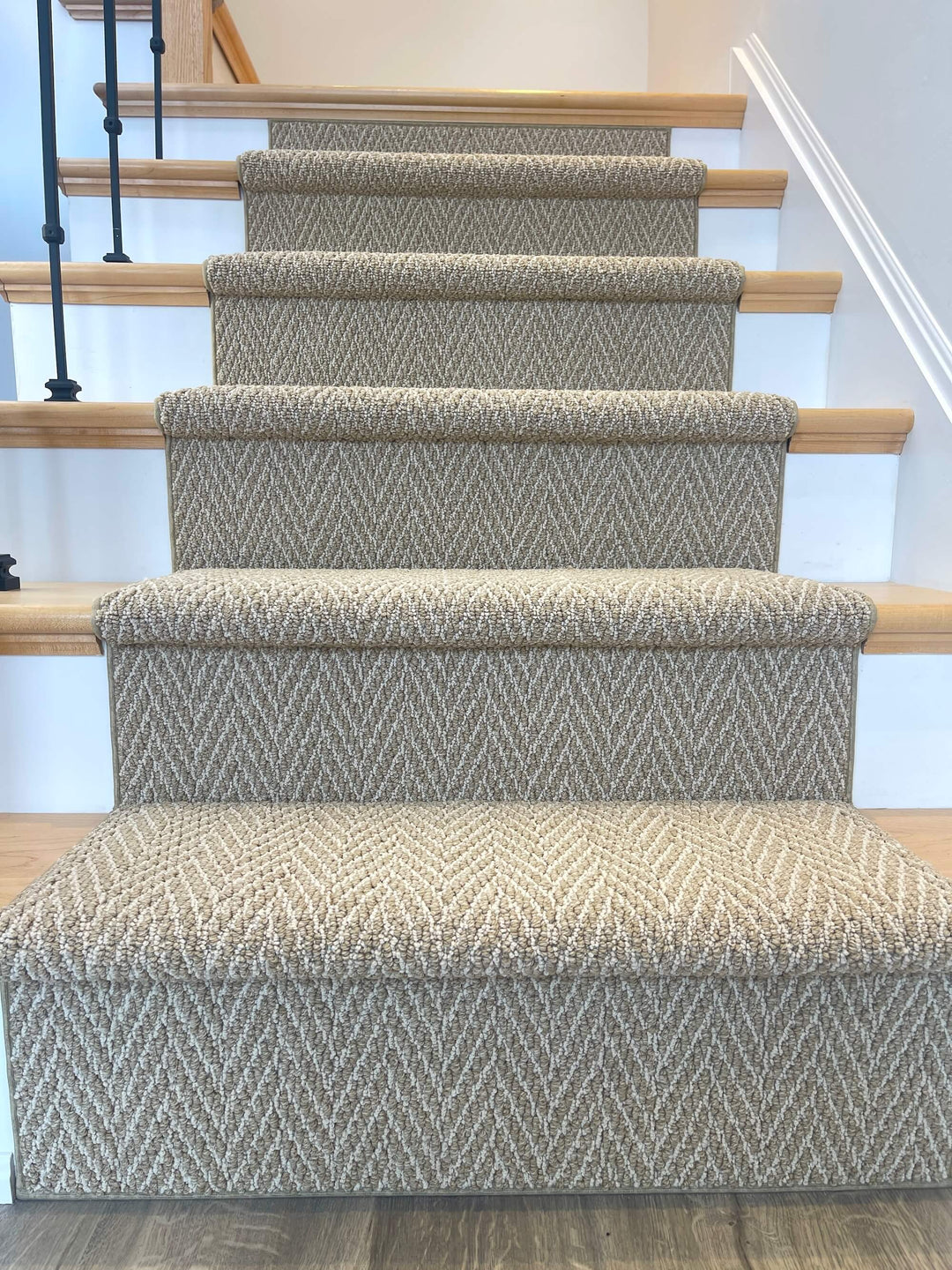 Anderson Tuftex Cork Herringbone stair runner Canada – durable carpet installed on staircase