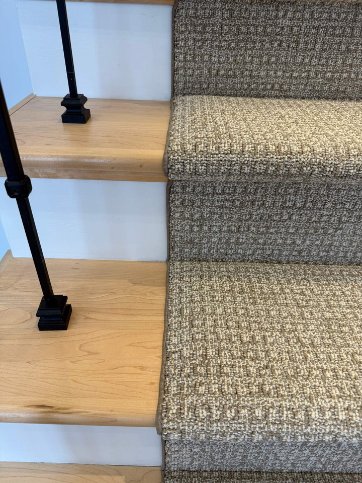 Side angle of Anderson Tuftex Fetch Briarwood Nylon Stair Runner Canada installed on stairs