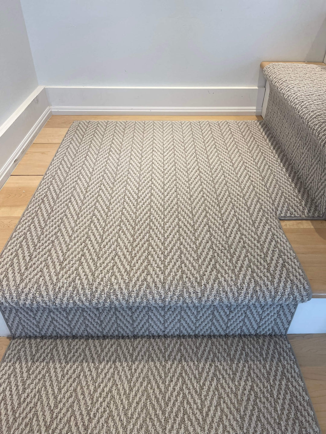 Full view of Anderson Tuftex Fossil Stair Runner Landing Canada in taupe-gray tones
