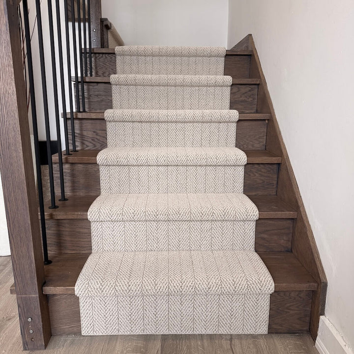 Amalfi Capri beige herringbone stair runner on wood stairs