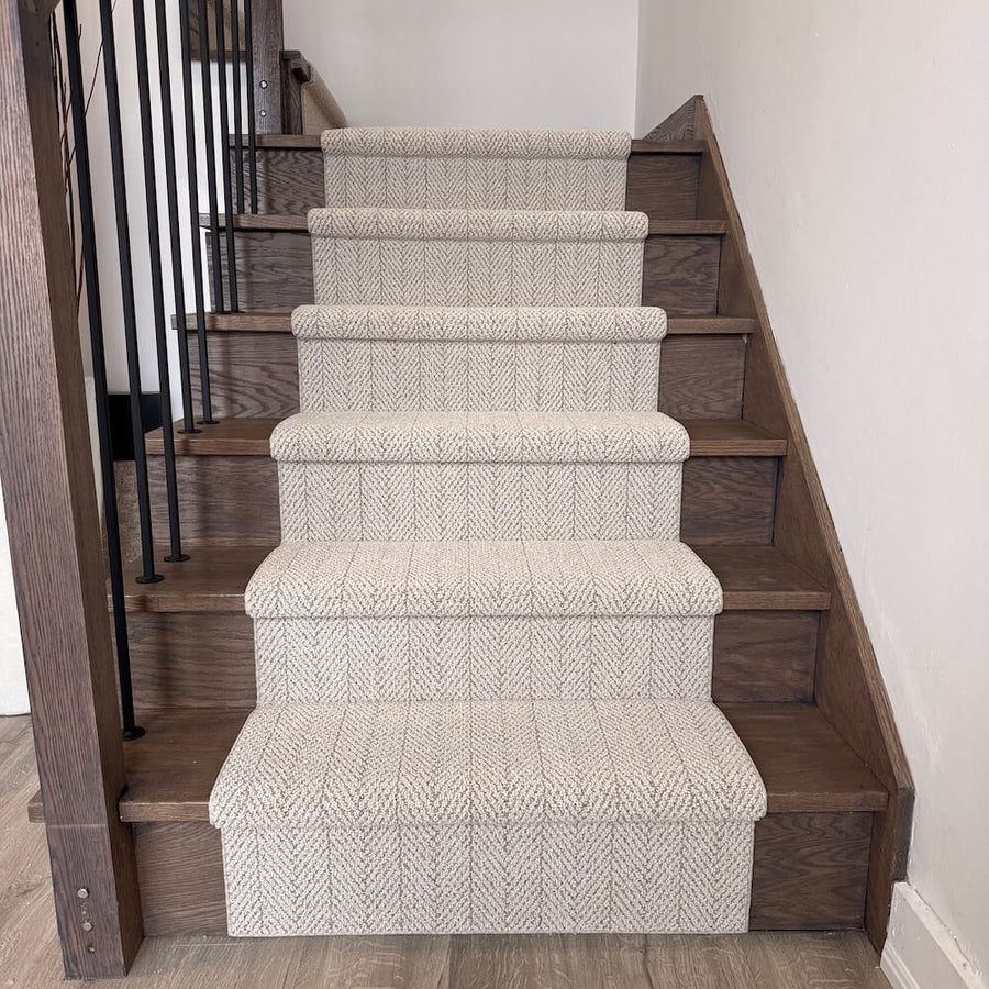Amalfi Capri beige herringbone stair runner on wood stairs