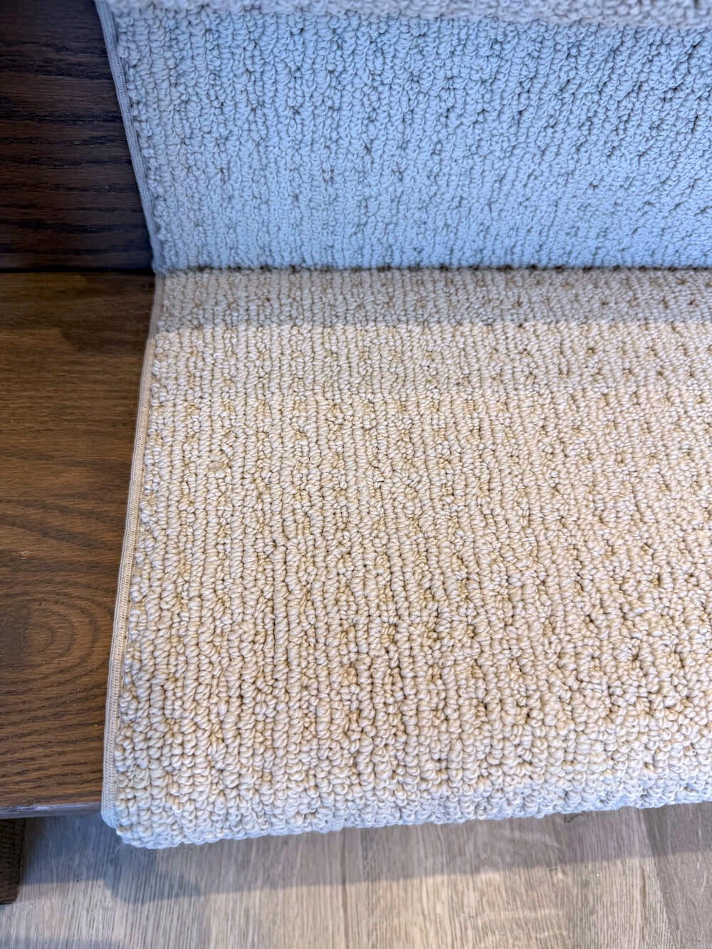 Close-up of a carpeted stair with a textured pattern on a wooden floor.