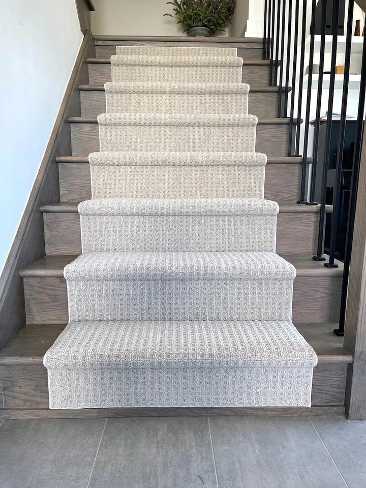 Boloria Democracy Berber stair runner Canada – clay color carpet installed on full staircase