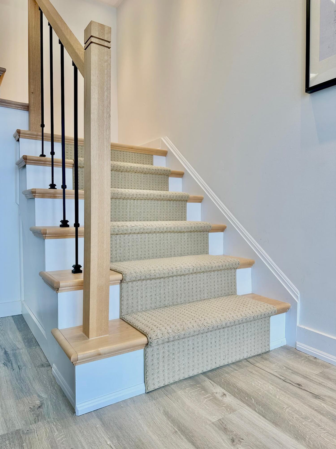 Boloria Maple Cream stair runner Canada – durable Berber carpet installed on staircase