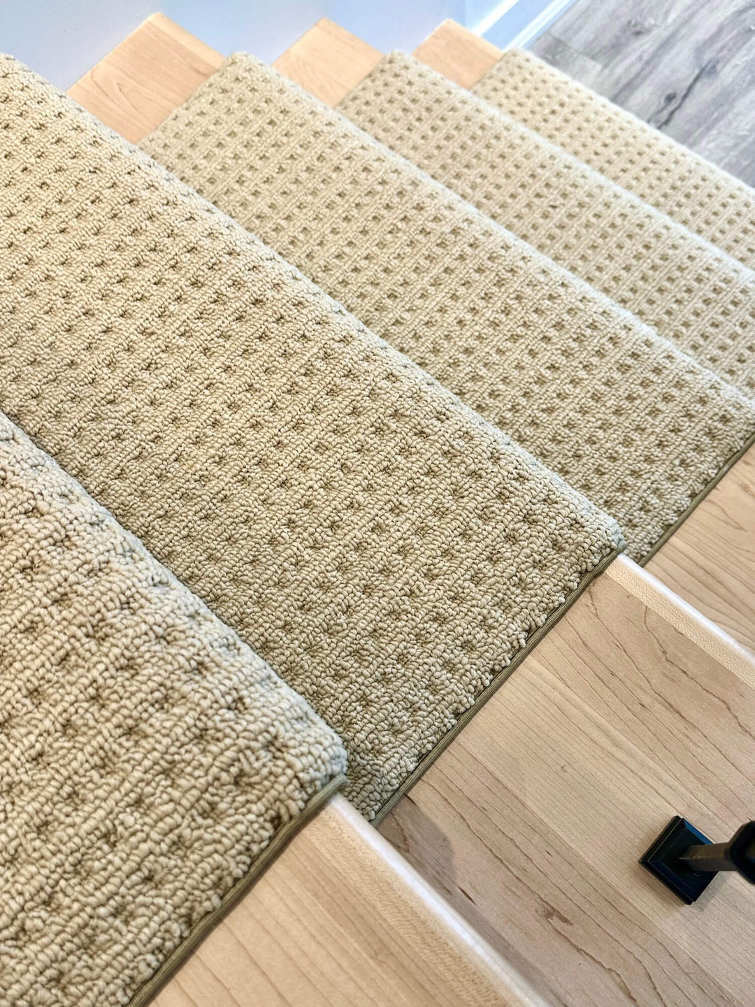 Top view of Boloria Maple Cream stair runner Canada – DIY-friendly Berber carpet runner