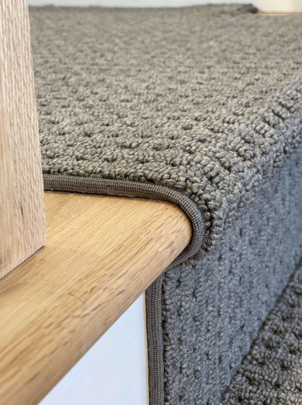 close-up of Boloria North American Gray Berber stair runner – durable textured carpet for Canadian homes