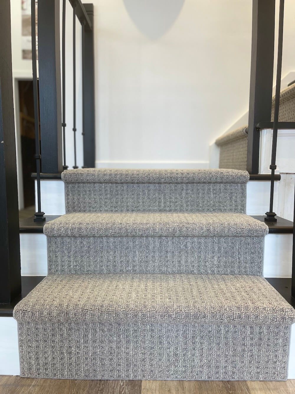Boloria Windsor Gray stair runner Canada – durable Berber carpet installed on staircase