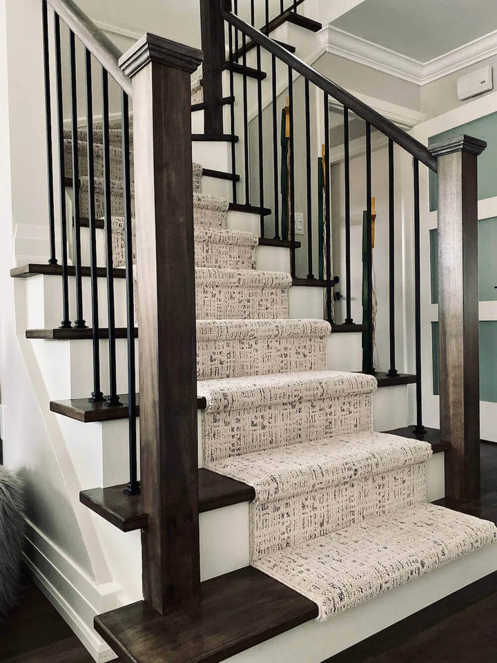Exquisite Portrait Corinthian Column stair runner Canada – modern farmhouse style carpet installed on staircase