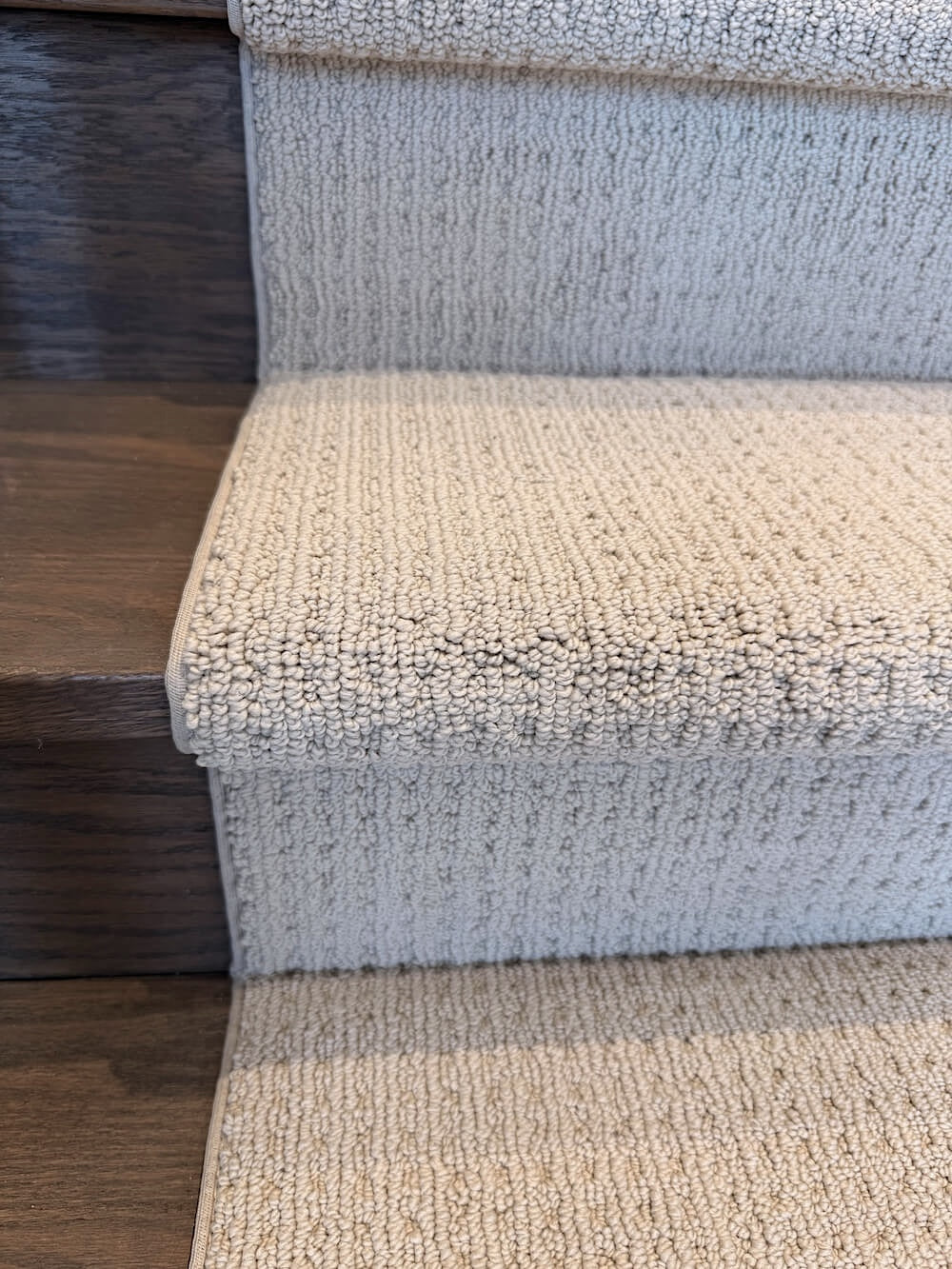 modern stair runner carpet on stained stairs